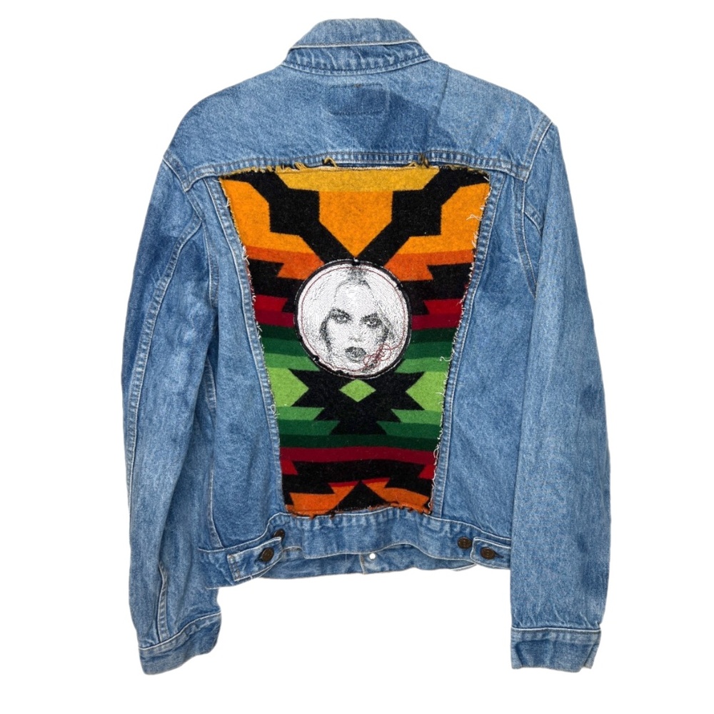 Custom Vintage Levi's Denim Jacket Aztec Tribal Pattern Model Face